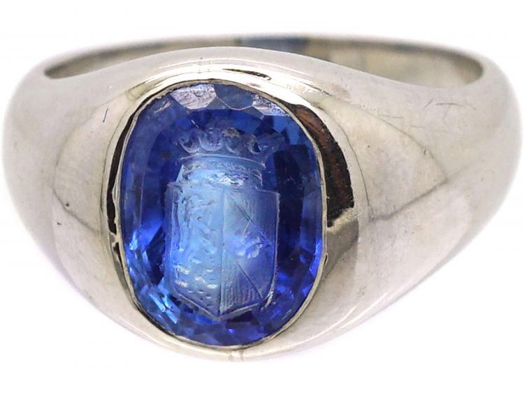 Platinum Signet Ring with Sapphire Intaglio of a Crest