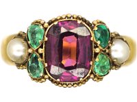 Victorian 18ct Gold, Garnet, Emerald & Pearl Ring