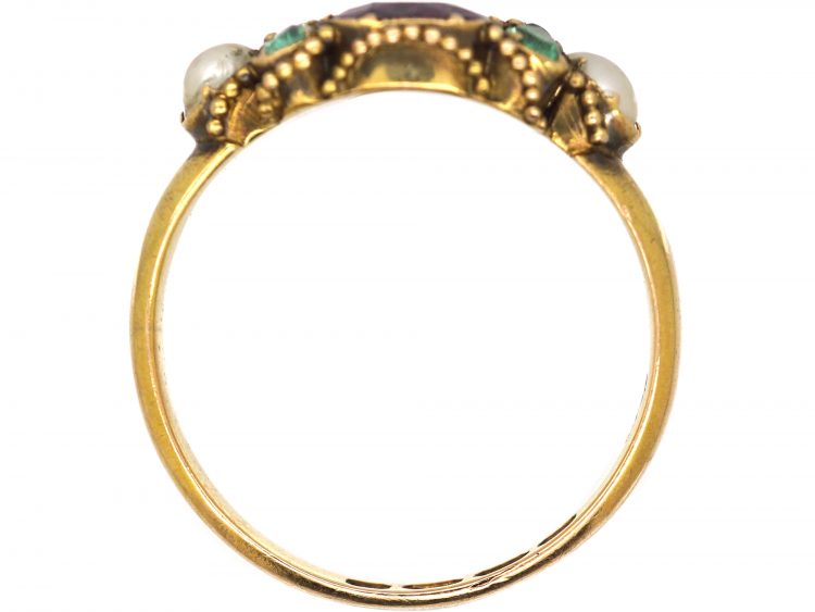 Victorian 18ct Gold, Garnet, Emerald & Pearl Ring