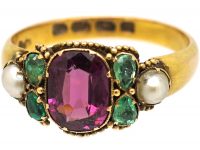 Victorian 18ct Gold, Garnet, Emerald & Pearl Ring