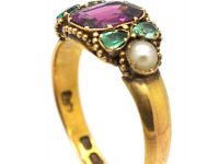 Victorian 18ct Gold, Garnet, Emerald & Pearl Ring