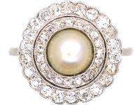 Edwardian Platinum, Diamond & Natural Pearl Cluster Ring