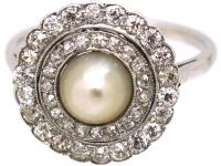 Edwardian Platinum, Diamond & Natural Pearl Cluster Ring