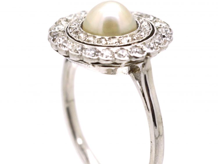 Edwardian Platinum, Diamond & Natural Pearl Cluster Ring