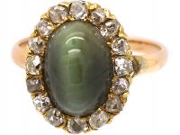 Victorian 15ct Gold Cluster Ring set with a Cabochon Cat's Eye Chrysoberyl & Diamonds