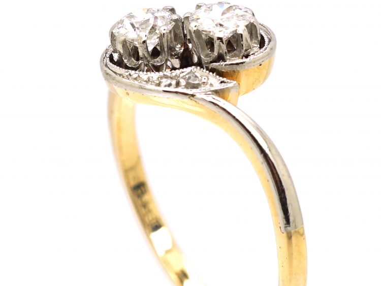 Early 20th Century 14ct Gold & Platinum, Two Stone Diamond Crossover Ring