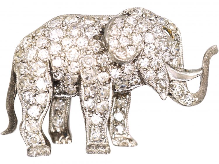 Early 20th Century 18ct White Gold Elephant Brooch set with Diamonds