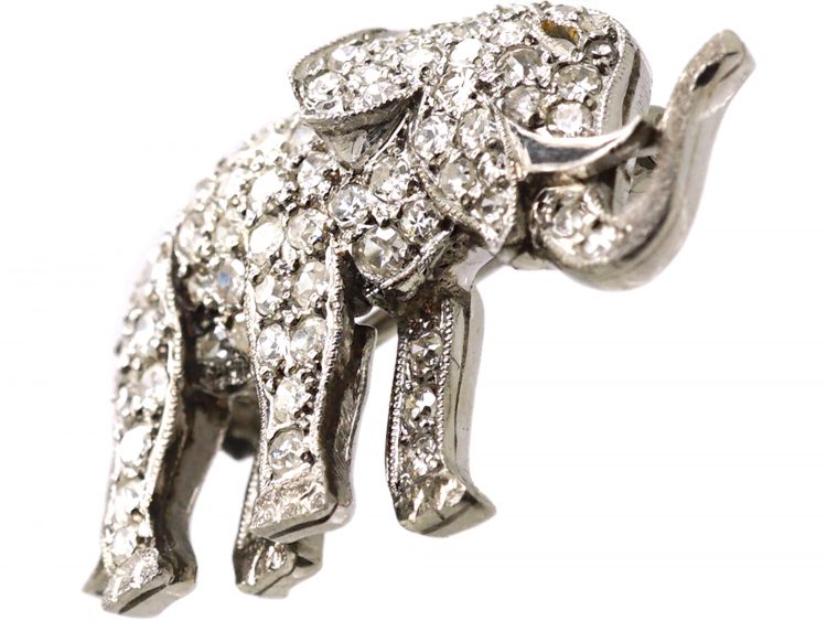 Early 20th Century 18ct White Gold Elephant Brooch set with Diamonds