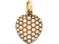 Edwardian 15ct Gold Heart Pendant pave set with Natural Split Pearls