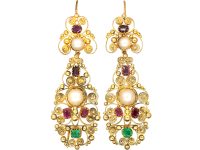 Georgian 15ct Gold, Emerald, Ruby & Natural Split Pearl Drop Earrings