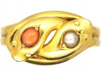 Victorian 18ct Double Snake Ring set with Coral & A Natural Split Pearl