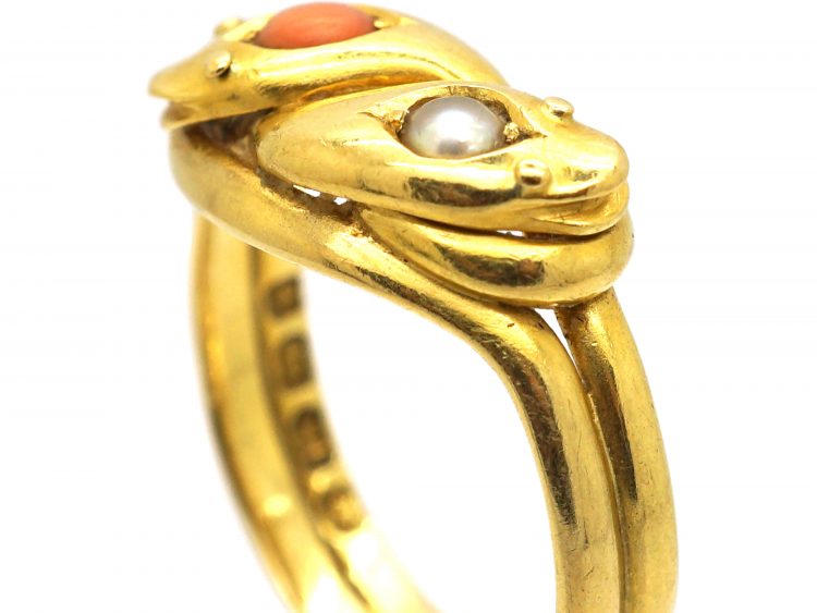 Victorian 18ct Double Snake Ring set with Coral & A Natural Split Pearl