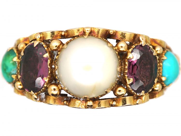 Early Victorian 15ct Gold Ring set with a Natural Pearl, Almandine Garnets & Turquoise