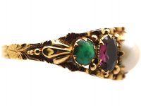 Early Victorian 15ct Gold Ring set with a Natural Pearl, Almandine Garnets & Turquoise