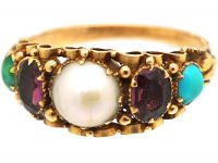 Early Victorian 15ct Gold Ring set with a Natural Pearl, Almandine Garnets & Turquoise