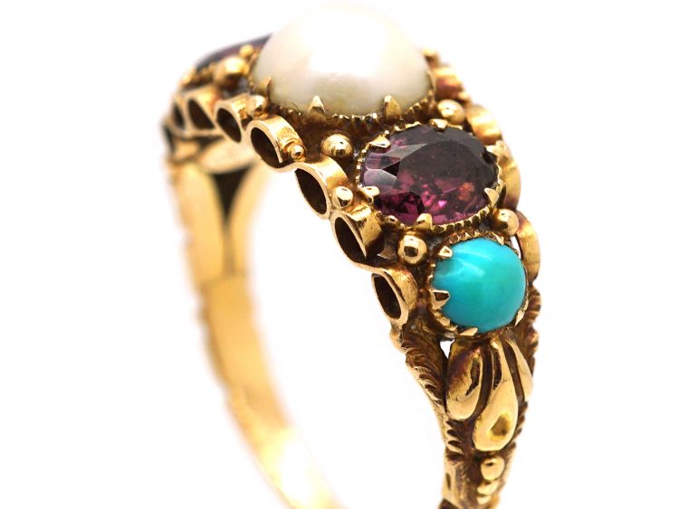 Early Victorian 15ct Gold Ring set with a Natural Pearl, Almandine Garnets & Turquoise