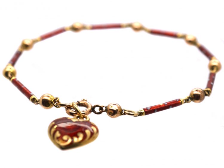 Edwardian 9ct Gold, Red & White Enamel Bracelet with 15ct Gold Red Enamel Heart