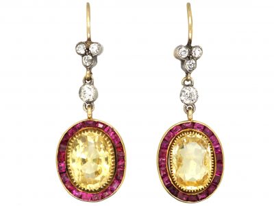 Early 20th Century 18ct Gold & Silver, Yellow Sapphire, Diamond & Ruby Drop Earrings