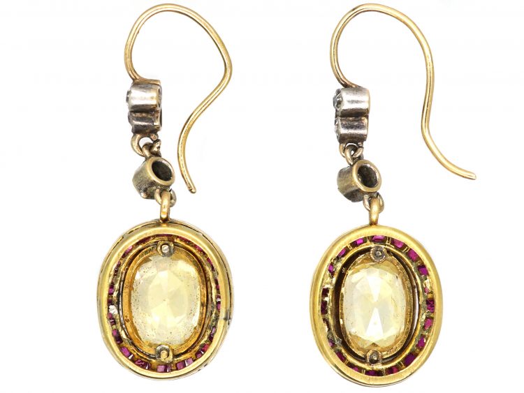 Early 20th Century 18ct Gold & Silver, Yellow Sapphire, Diamond & Ruby Drop Earrings