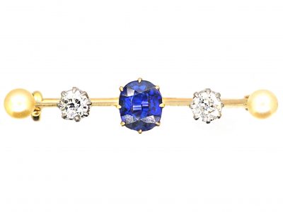 Edwardian 18ct Gold Bar Brooch set with a Sapphire, Diamonds & Natural Pearls