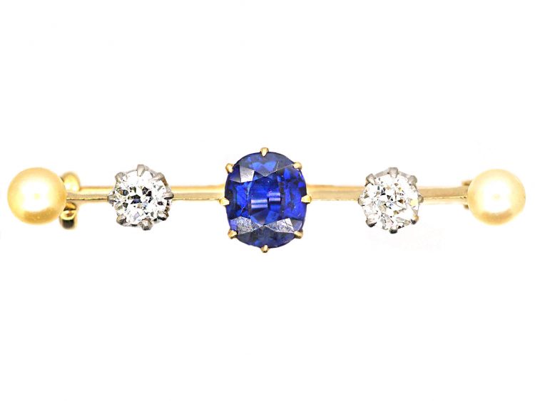 Edwardian 18ct Gold Bar Brooch set with a Sapphire, Diamonds & Natural Pearls