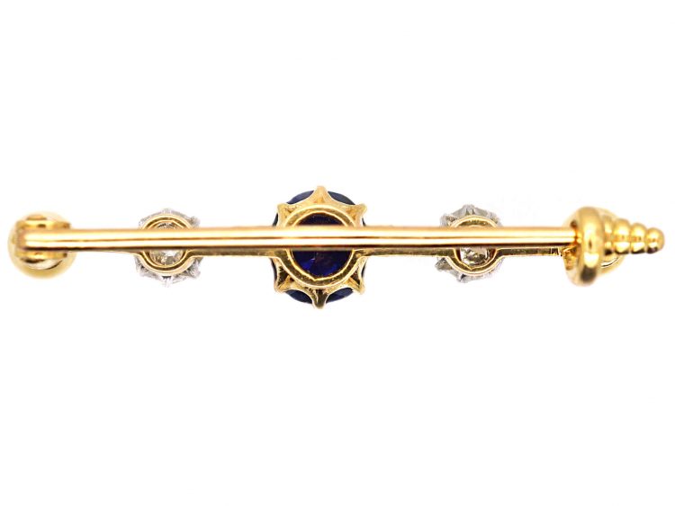 Edwardian 18ct Gold Bar Brooch set with a Sapphire, Diamonds & Natural Pearls