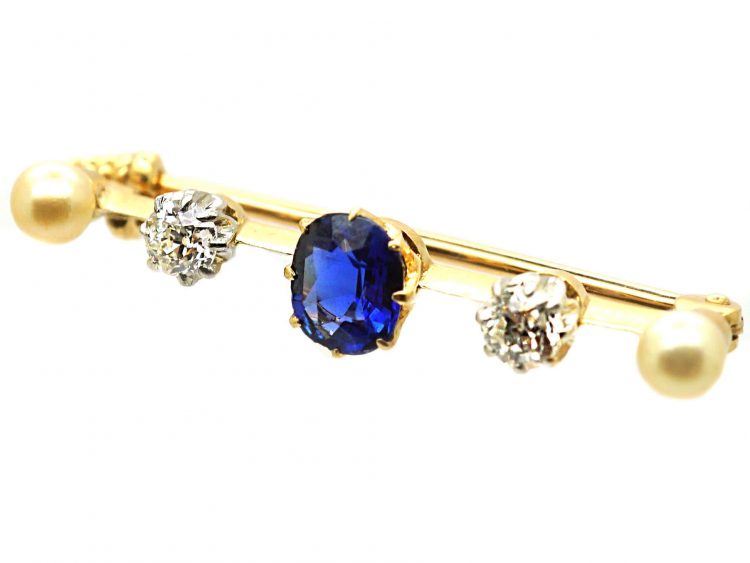 Edwardian 18ct Gold Bar Brooch set with a Sapphire, Diamonds & Natural Pearls