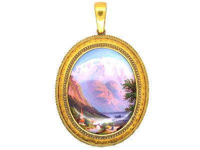 Swiss Enamel 15ct Gold Pendant with Mountain Scene