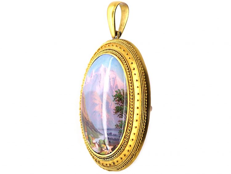 Swiss Enamel 15ct Gold Pendant with Mountain Scene