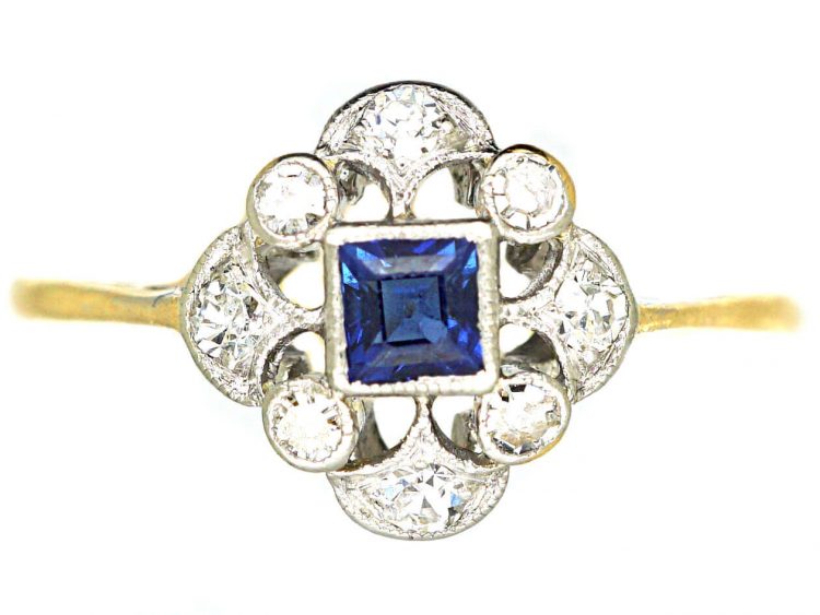 Edwardian 18ct Gold & Platinum, Square Cut Sapphire & Diamond Cluster Ring