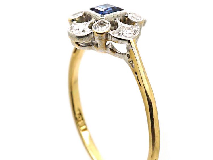 Edwardian 18ct Gold & Platinum, Square Cut Sapphire & Diamond Cluster Ring