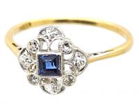 Edwardian 18ct Gold & Platinum, Square Cut Sapphire & Diamond Cluster Ring