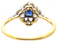 Edwardian 18ct Gold & Platinum, Square Cut Sapphire & Diamond Cluster Ring