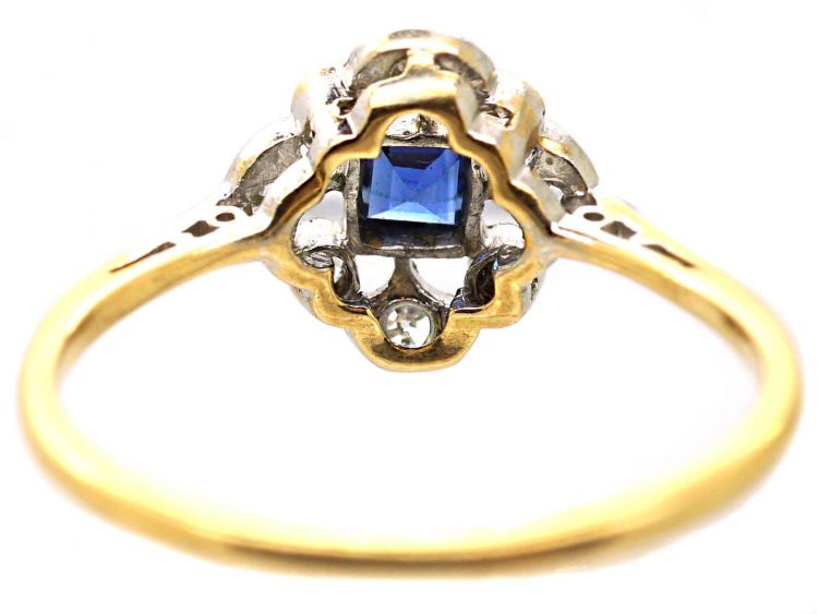 Edwardian 18ct Gold & Platinum, Square Cut Sapphire & Diamond Cluster Ring