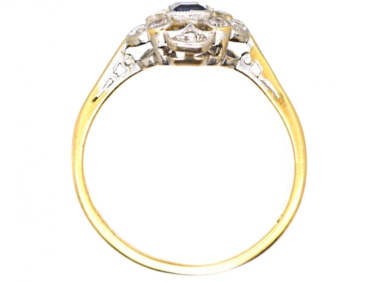 Edwardian 18ct Gold & Platinum, Square Cut Sapphire & Diamond Cluster Ring