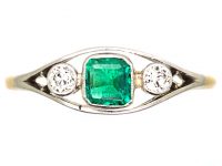 Edwardian 18ct Gold & Platinum, Three Stone Emerald & Diamond Ring