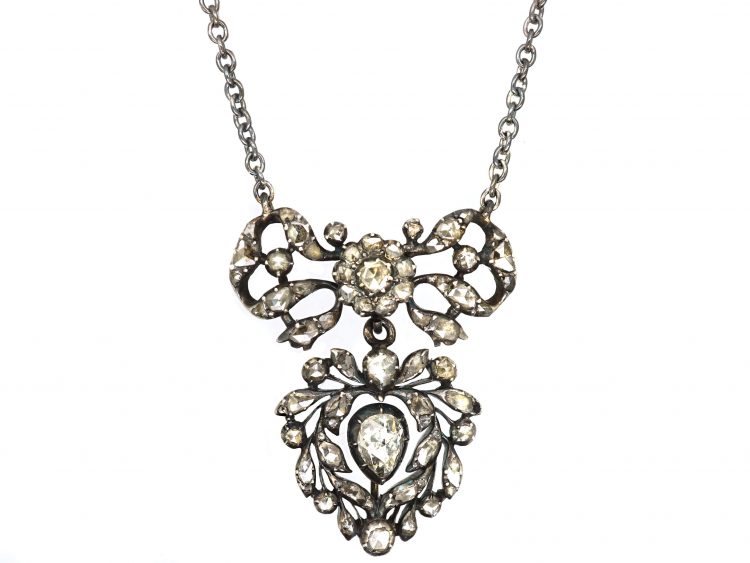 Late 18th Century Silver & Diamond Heart & Bow Pendant on Silver Chain