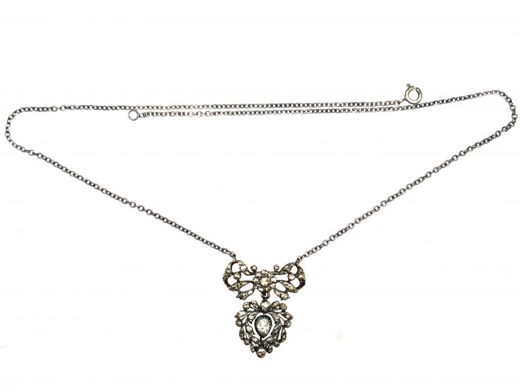 Late 18th Century Silver & Diamond Heart & Bow Pendant on Silver Chain