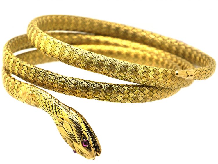 Early 20th Century French 18ct Gold Snake Bracelet with Cabochon Ruby Eyes