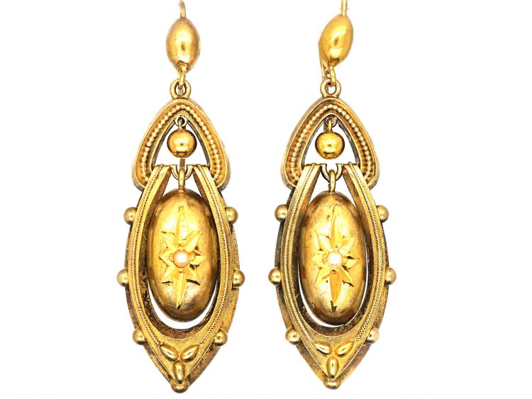 Victorian 15ct Gold Etruscan Revival Earrings set with Natural Split Pearls