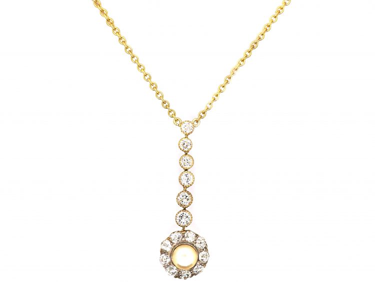 14ct Gold Necklace with Diamond & Natural Pearl Cluster Drop