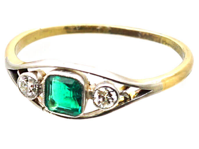 Edwardian 18ct Gold & Platinum, Three Stone Emerald & Diamond Ring