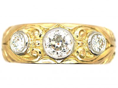 Early 20th Century 18ct Gold & Platinum Three Stone Diamond Ring with Scroll Motifs