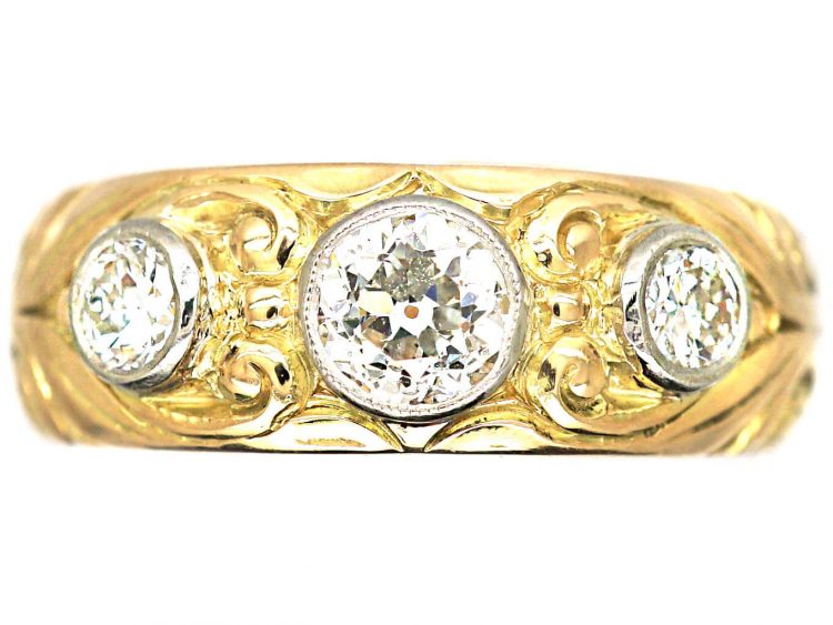 Early 20th Century 18ct Gold & Platinum Three Stone Diamond Ring with Scroll Motifs