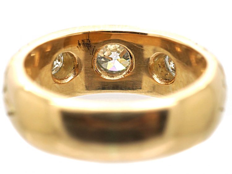 Early 20th Century 18ct Gold & Platinum Three Stone Diamond Ring with Scroll Motifs