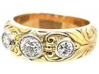 Early 20th Century 18ct Gold & Platinum Three Stone Diamond Ring with Scroll Motifs