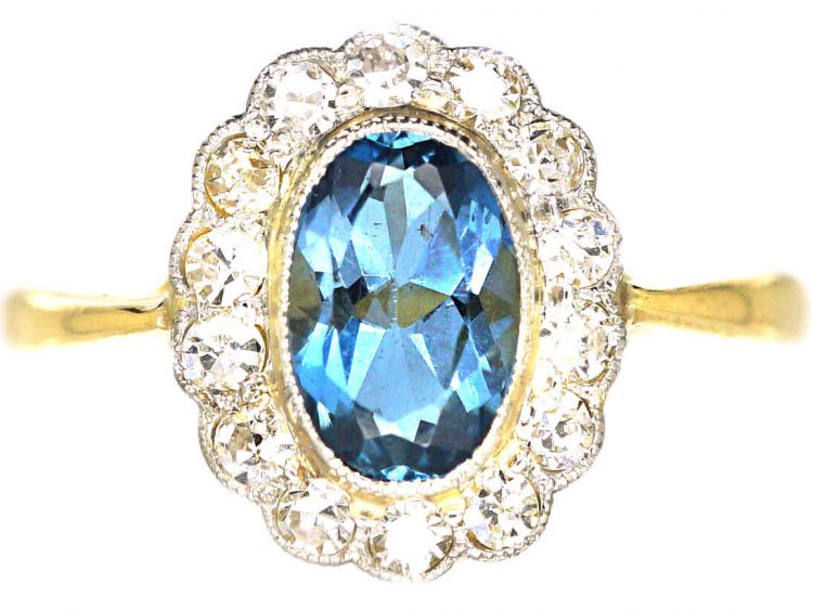 Edwardian 18ct Gold, Aquamarine & Diamond Oval Cluster Ring