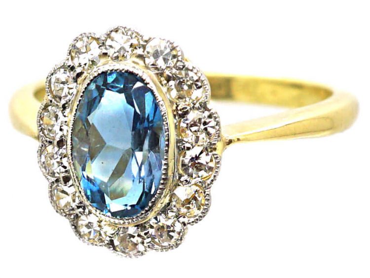 Edwardian 18ct Gold, Aquamarine & Diamond Oval Cluster Ring