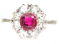 Mid Century 18ct White Gold & Platinum, Ruby & Diamond Cluster Ring