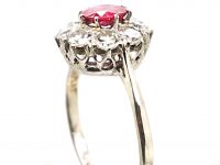 Mid Century 18ct White Gold & Platinum, Ruby & Diamond Cluster Ring